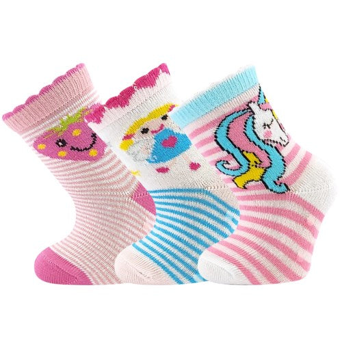 Three colorful children's socks with cartoon designs on a pink background