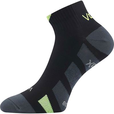 Black and gray sock with green accents on a white background