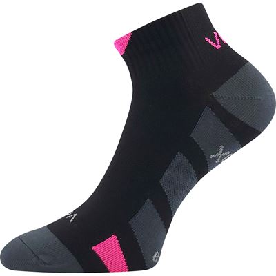 Black and gray sock with pink accents on a white background
