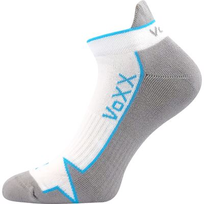 Gray and white sock with blue accents on a white background