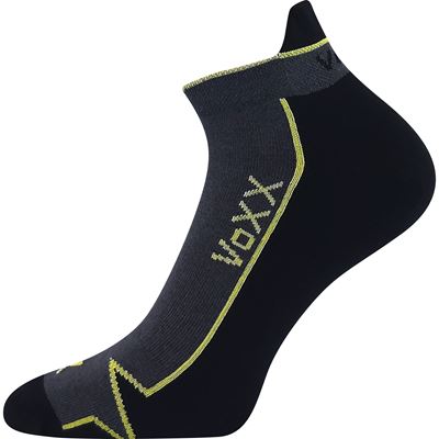 Black ankle sock with yellow accents on a white background