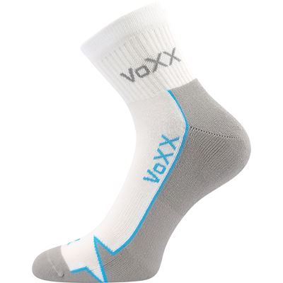 Gray and white sock with 'voxx' branding on a white background