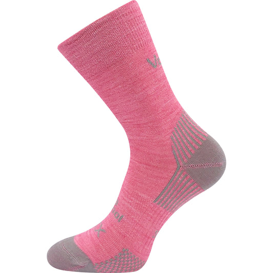 Pink and black sock with ergonomic design and arch support, featuring reinforced heel and toe for athletic or everyday wear.