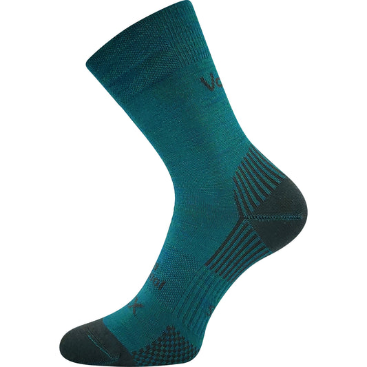Teal and black sock with ergonomic design and arch support, featuring reinforced heel and toe for athletic or everyday wear.